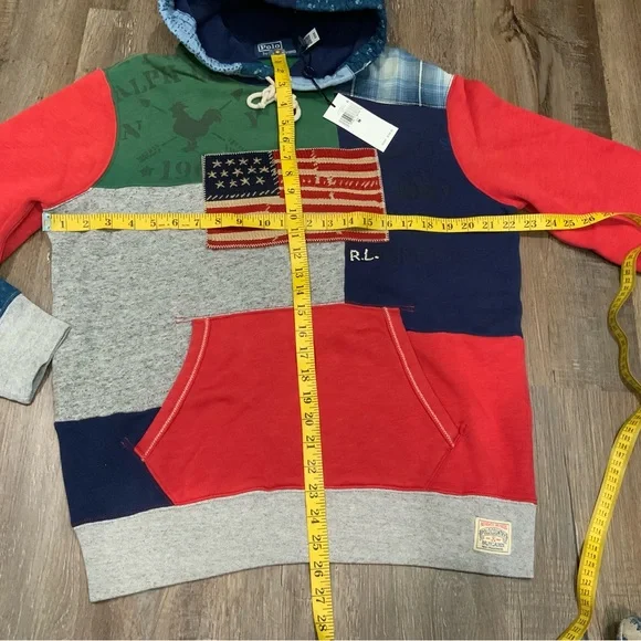 Polo Country Ralph Lauren Flag Patchwork Fleece Hoodie Multi Color Mens Sz M